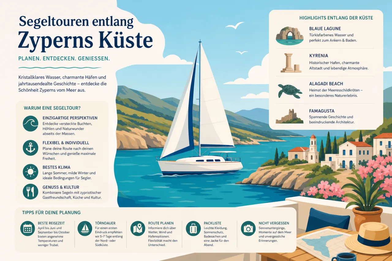 Mache eine Segeltour entlang der Küste