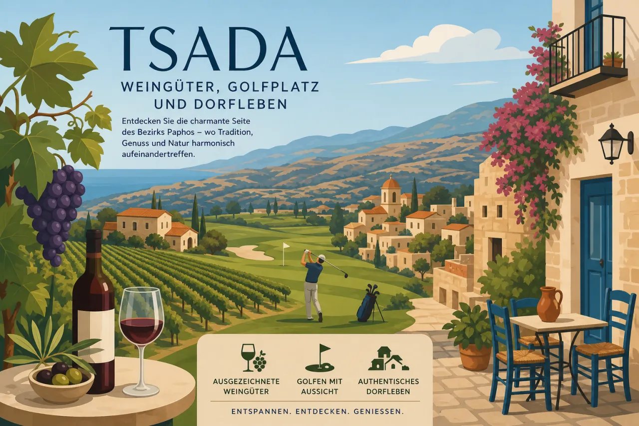 Tsada: Weingüter, Golfplatz und Dorfleben