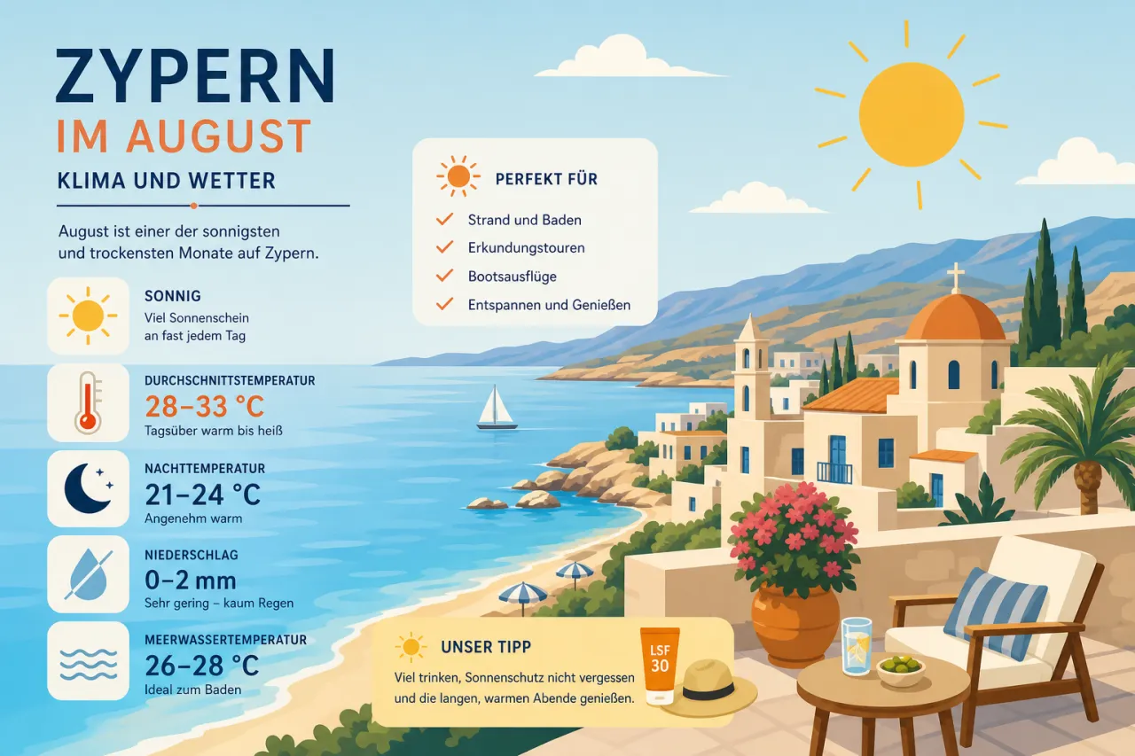 Wetter in Zypern im August: Heiße Temperaturen und kristallklares Wasser