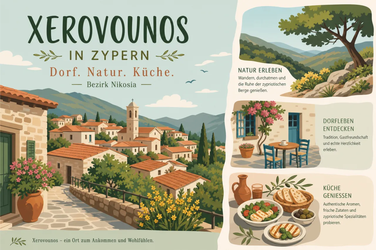 Xerovounos in Zypern: Dorf, Natur, Küche